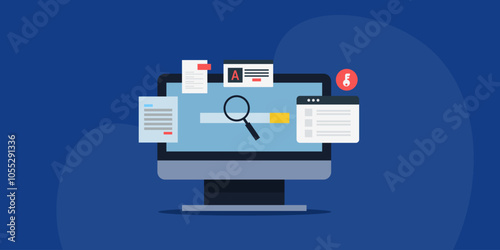 keyword and topic research, selecting format blog or video for brand content development, search optimization concept, vector illustration.