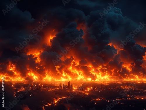 Majestic image of a fiery landscape engulfed in flames and smoke.