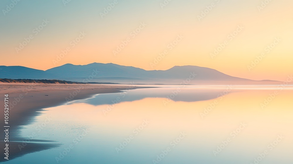 A tranquil beach at sunrise with soft light reflecting on the water A tranquil beach at sunrise with soft light reflecting on the water