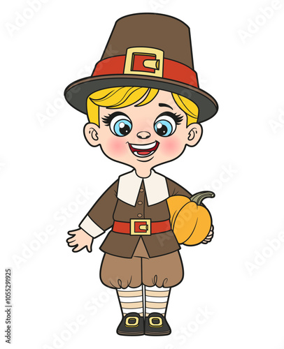 Cute cartoon pilgrim boy hold a pumpkin color variation on a white background