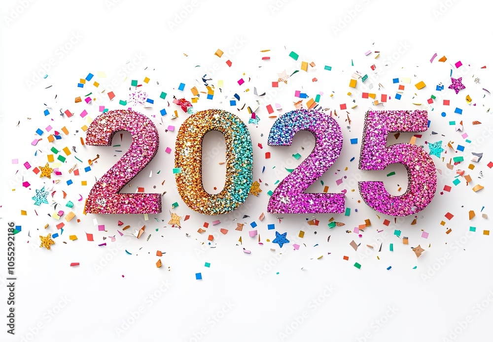 2025 written with colorful glitter on a white backdrop with glittering sparkles and confetti around creating a festive atmosphere. The concept of celebration for the New Year's Eve party. 2025 written with colorful glitter on a white backdrop with glittering sparkles and confetti around creating a festive atmosphere. The concept of celebration for the New Year's Eve party.