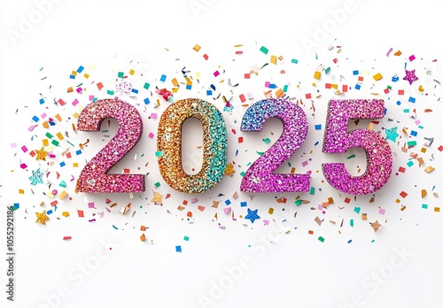 2025 written with colorful glitter on a white backdrop with glittering sparkles and confetti around creating a festive atmosphere. The concept of celebration for the New Year's Eve party.