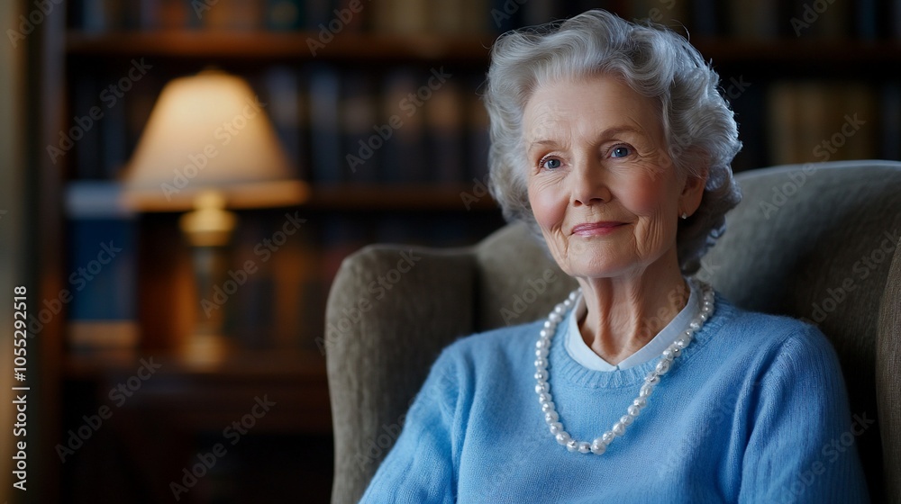 A senior woman in a blue sweater and pearl necklace sits in a chair, smiling. A senior woman in a blue sweater and pearl necklace sits in a chair, smiling.
