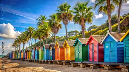 Seaside village scene with colorful beach huts and palm trees lining the shore, vibrant, houses, style, beach hut, coastal