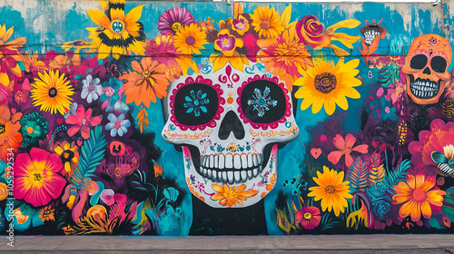 vibrant mural depicting Dia de los Muertos themes with colorful flowers and skulls, celebrating life and death in beautiful artistic expression