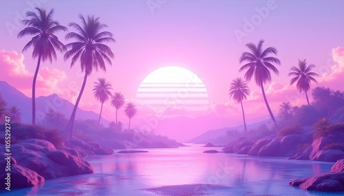 Tropical sunset gradient landscape with palms and river for dreamy artistic background