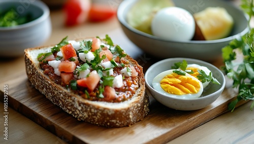 A simple breakfast of an open-faced sandwich with tomato, onion, and parsley, served with hard-boiled eggs and fresh parsley.