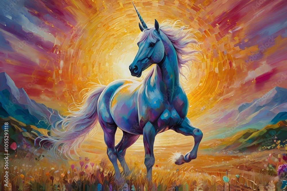 A majestic unicorn with a billowing mane gazes out over a tranquil mountain valley at dusk, wrapped in the soft, colorful glow of a radiant sunset. Mystical and serene. A majestic unicorn with a billowing mane gazes out over a tranquil mountain valley at dusk, wrapped in the soft, colorful glow of a radiant sunset. Mystical and serene.
