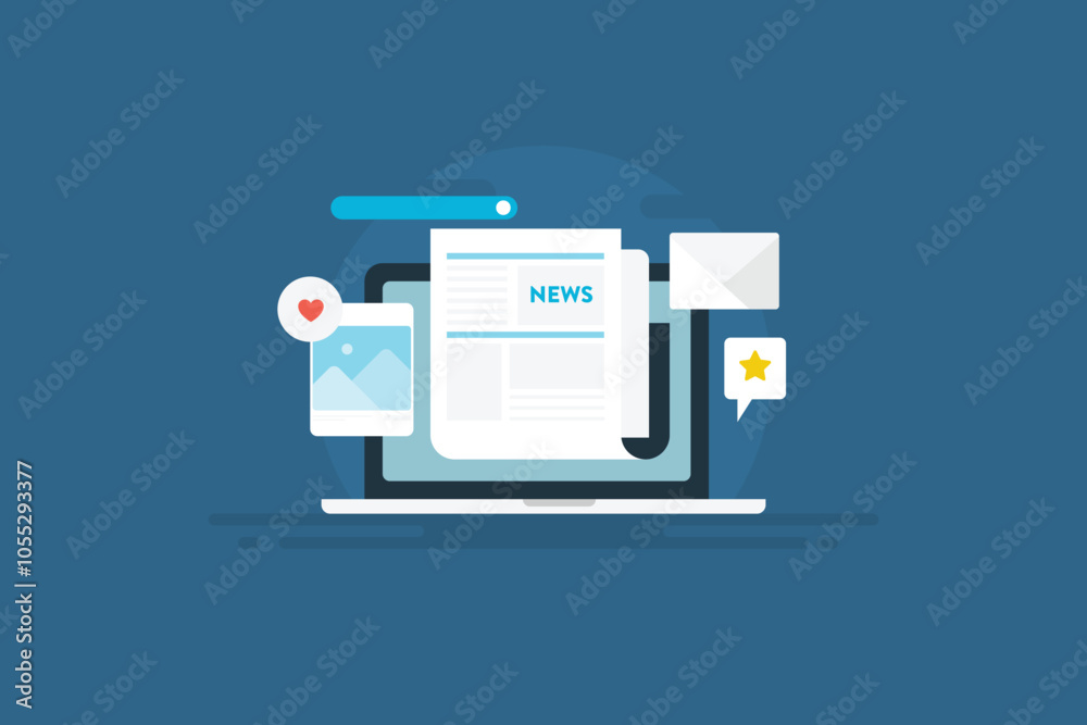 Fototapeta premium Online news media, journal publish on social media platform, digital magazine internet communication technology conceptual vector illustration.