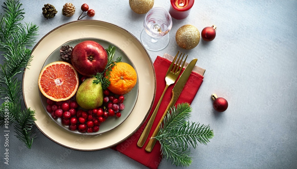 Festive Christmas dinner setting. Seasonal holiday dining background. Seasonal food decorated plate and cutlery. Overhead shot Festive Christmas dinner setting. Seasonal holiday dining background. Seasonal food decorated plate and cutlery. Overhead shot