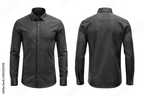 Two black men's shirts, one seen from the face and the other from the back, isolated on a transparent background.