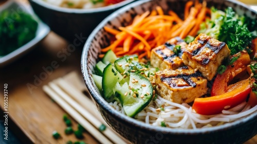 Cozy Noodle Bowl with Grilled Tofu and Fresh Vegetables