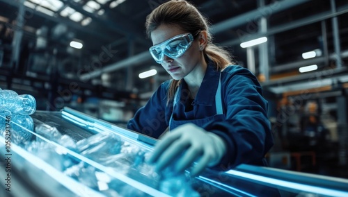 Woman sorts garbage plastic. Taking care of the environment. Waste recycling plant or garbage factory. Conveyor belt, trash moving along the line. Woman have a eco-friendly work