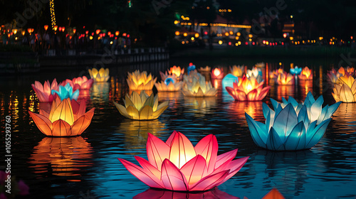 Artistic display of floating lanterns in vibrant colors illuminating serene water surface, creating magical atmosphere at night