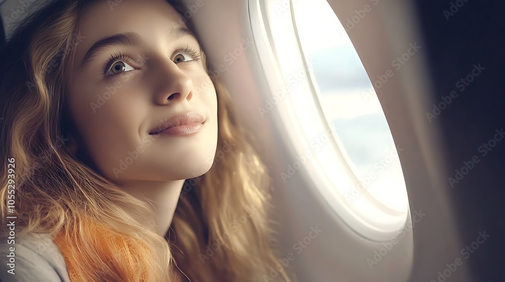A young passenger, looking out the window of an airplane with a curious expression on their face, appears to be captivated by the aerial view below. A young passenger, looking out the window of an airplane with a curious expression on their face, appears to be captivated by the aerial view below.