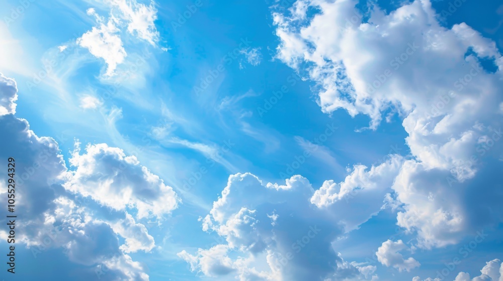 A clear and vivid blue sky filled with a variety of fluffy, white clouds forming patterns and textures, creating a peaceful and uplifting visual effect. A clear and vivid blue sky filled with a variety of fluffy, white clouds forming patterns and textures, creating a peaceful and uplifting visual effect.