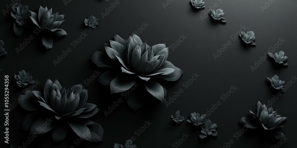 Dark Monochromatic 3D Roses With Velvety Petals On A Black Background, Arranged In A Scattered Pattern Dark Monochromatic 3D Roses With Velvety Petals On A Black Background, Arranged In A Scattered Pattern