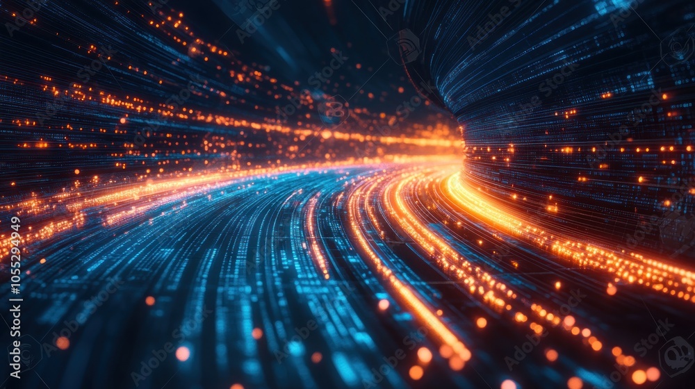 Abstract digital tunnel with glowing light streaks, representing data transfer, cyberspace, or virtual reality. Abstract digital tunnel with glowing light streaks, representing data transfer, cyberspace, or virtual reality.