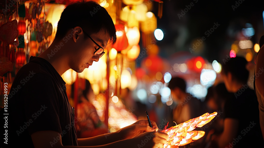 person writing wishes on colorful lanterns at night market, surrounded by glowing lights and festive decorations, creating warm and joyful atmosphere person writing wishes on colorful lanterns at night market, surrounded by glowing lights and festive decorations, creating warm and joyful atmosphere