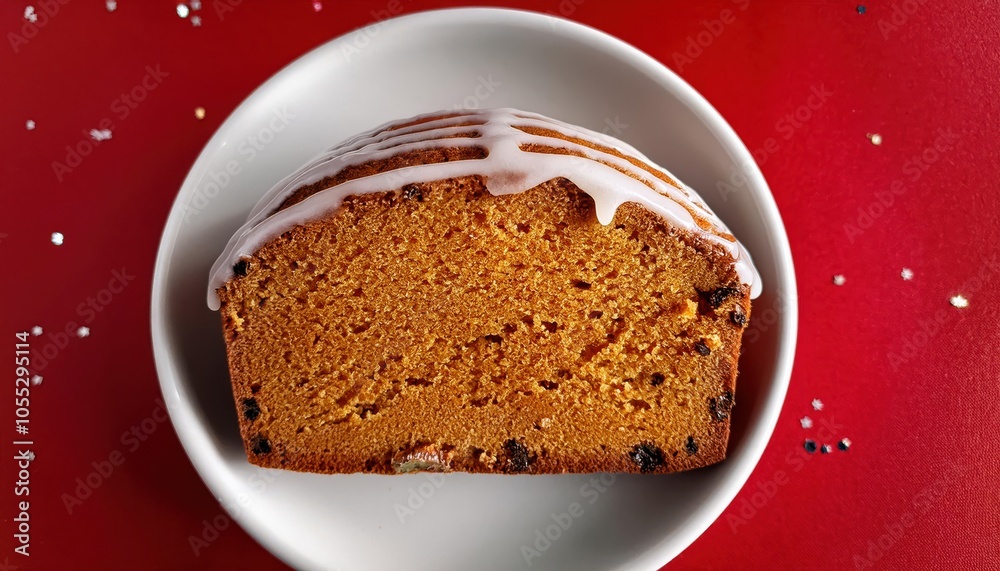 Festive Christmas Spice Loaf Cake with Dripping White Icing and Caramel Glaze on Vibrant Red Background. Ideal for Holiday Baking, Seasonal Recipe Blogs, and Cozy Winter Food Advertisements Festive Christmas Spice Loaf Cake with Dripping White Icing and Caramel Glaze on Vibrant Red Background. Ideal for Holiday Baking, Seasonal Recipe Blogs, and Cozy Winter Food Advertisements