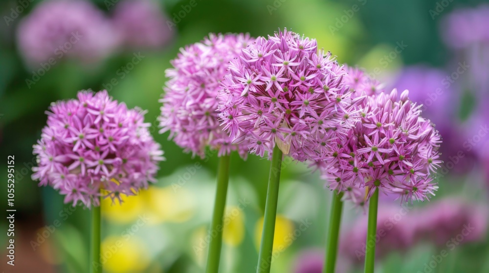 This image showcases a cluster of vibrant purple allium flowers with spherical blooms, set against a lush garden background, symbolizing growth and beauty in nature. This image showcases a cluster of vibrant purple allium flowers with spherical blooms, set against a lush garden background, symbolizing growth and beauty in nature.