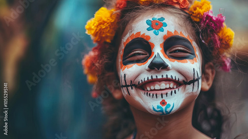 Smiling girl with traditional Dia de los Muertos face paint, colorful flowers in hair, celebrating culture and joy. vibrant expression of heritage and festivity