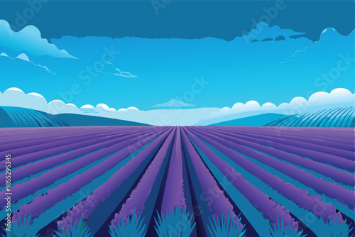 A breathtaking panorama of vibrant lavender fields stretching out towards the horizon, bathed in the warm glow of the setting sun.