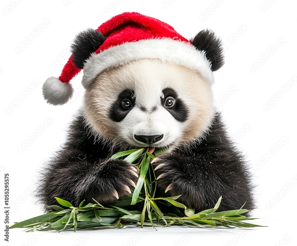 Adorable panda wearing a Santa hat enjoying bamboo. Adorable panda wearing a Santa hat enjoying bamboo.