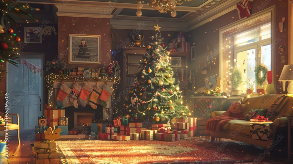 A warmly lit living room decorated for Christmas, featuring a large tree, stockings, and an abundance of wrapped gifts, evoking a sense of holiday cheer.