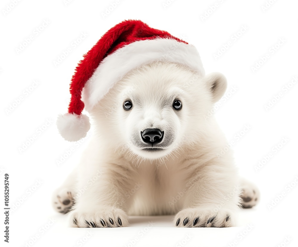 Adorable polar bear cub wearing a festive Santa hat on a white background. Adorable polar bear cub wearing a festive Santa hat on a white background.