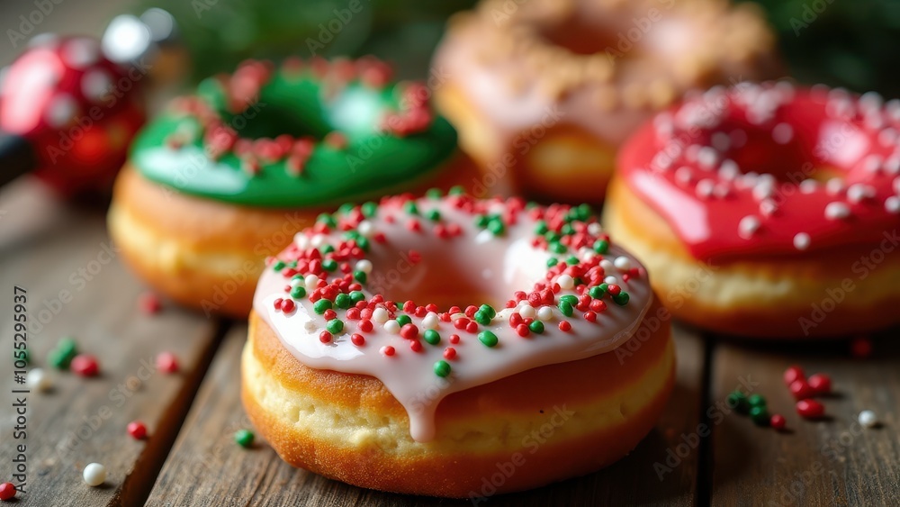 Festive doughnuts with white icing and red and green sprinkles sit on a rustic wooden table. Blurred lights add a warm, celebratory ambiance. Festive doughnuts with white icing and red and green sprinkles sit on a rustic wooden table. Blurred lights add a warm, celebratory ambiance.