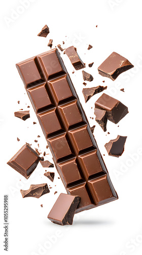 Chocolate bar floating on white  background, dark brown crumbs flying photo