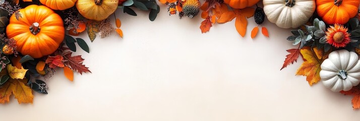 Autumn Flat Lay Composition Frame With Orange and White Pumpkins And Copy Space, Top View