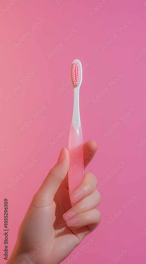A close-up of a hand holding a toothbrush with a pink and white handle against a pastel pink background. Minimalist and clean composition for dental care or hygiene concepts.