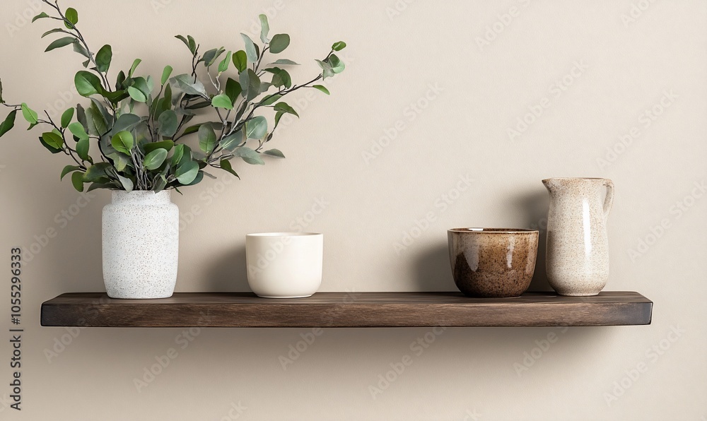 A wooden shelf with a white vase filled with green leaves, a white mug, a brown bowl, and a beige pitcher. A wooden shelf with a white vase filled with green leaves, a white mug, a brown bowl, and a beige pitcher.