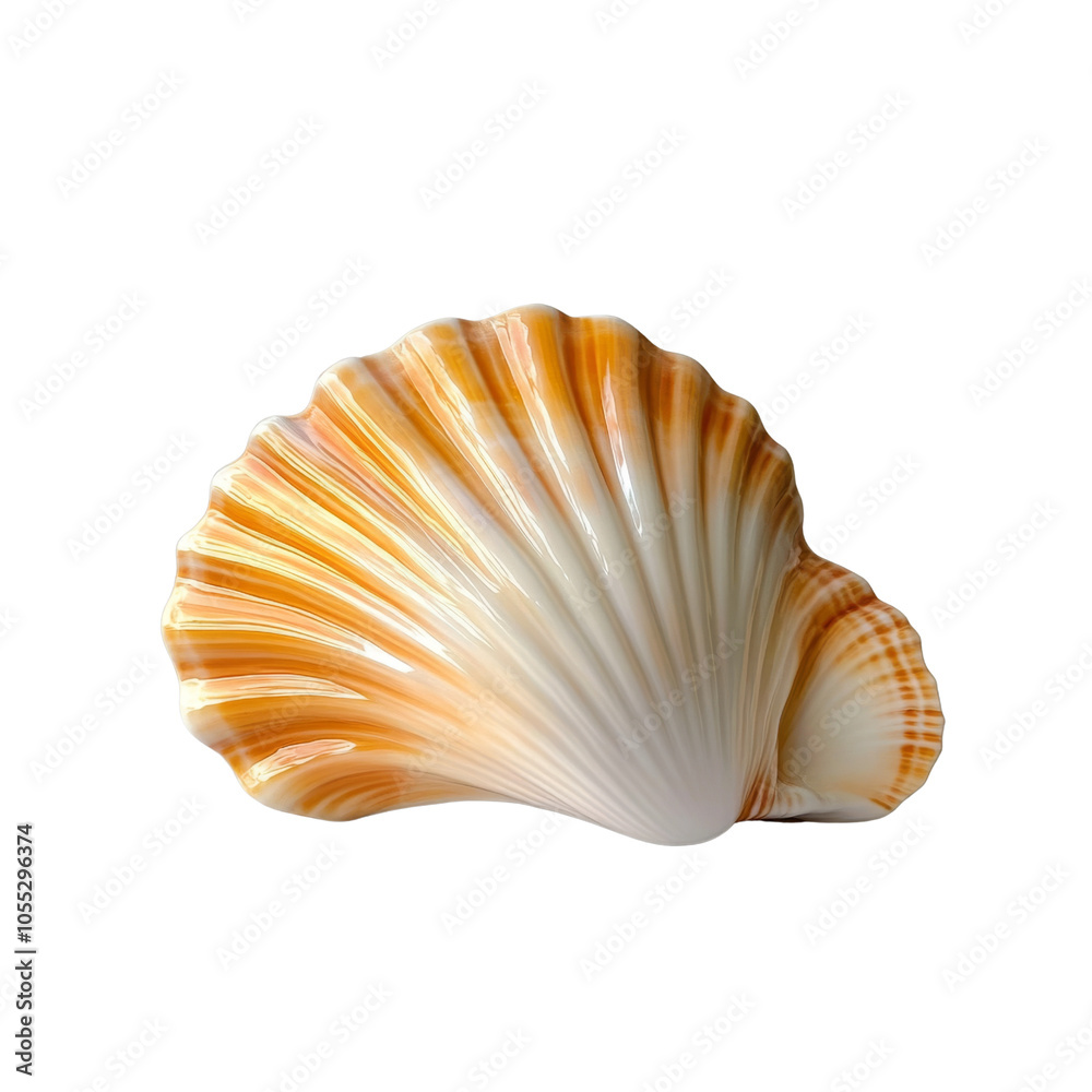 Orange and white scallop shell on transparent background.