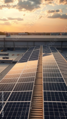 Solar panels installed on a roof of a large warehouse or industrial building solar panel Ultra realistic Photorealistic  photo