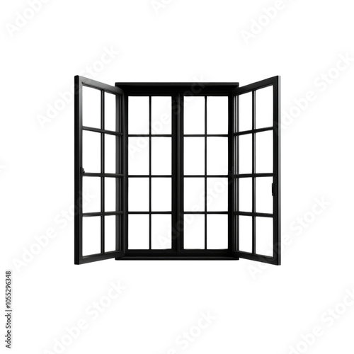 Open black window with a modern design, isolated on transparent background.