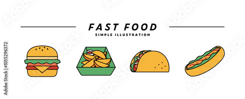 ファストフード・ジャンクフードのイラストのセット　アイコン　ハンバーガー　ホットドッグ　タコス　軽食