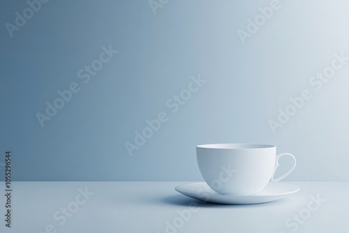 White Teacup on Blue Background: Minimalist Still Life