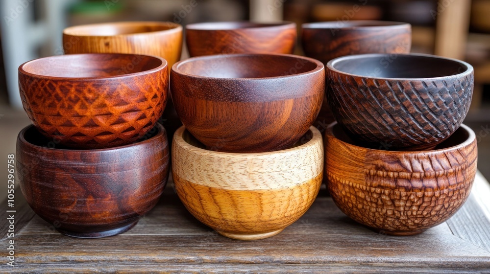 A collection of handcrafted wooden bowls, with various sizes and patterns, stacked on a wooden surface. A collection of handcrafted wooden bowls, with various sizes and patterns, stacked on a wooden surface.