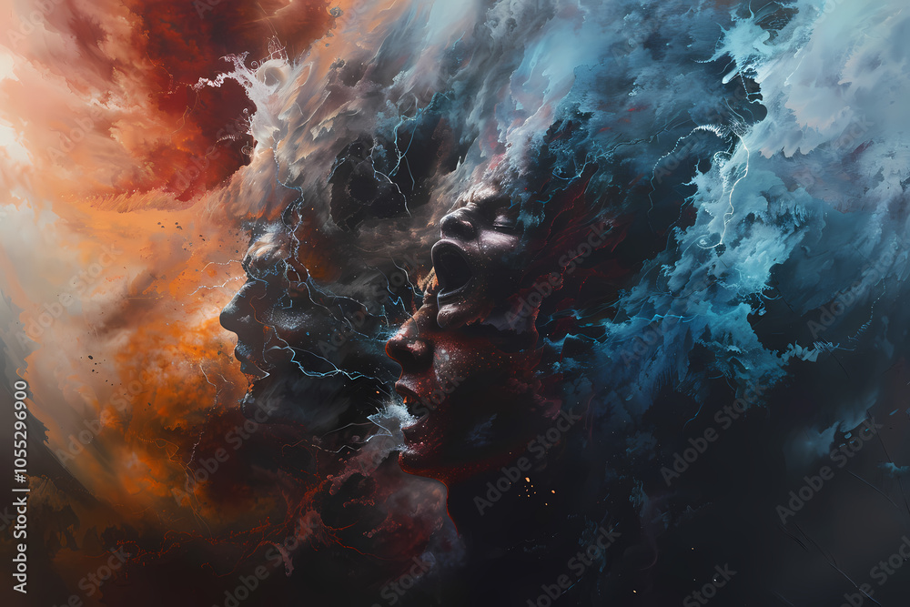 A striking digital artwork featuring two faces formed by swirling clouds and vibrant colors, representing the duality of emotions. A striking digital artwork featuring two faces formed by swirling clouds and vibrant colors, representing the duality of emotions.