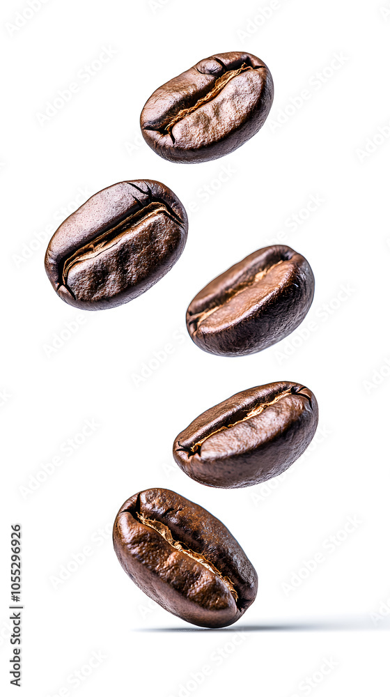 Floating roasted coffee beans isolated on white background Floating roasted coffee beans isolated on white background