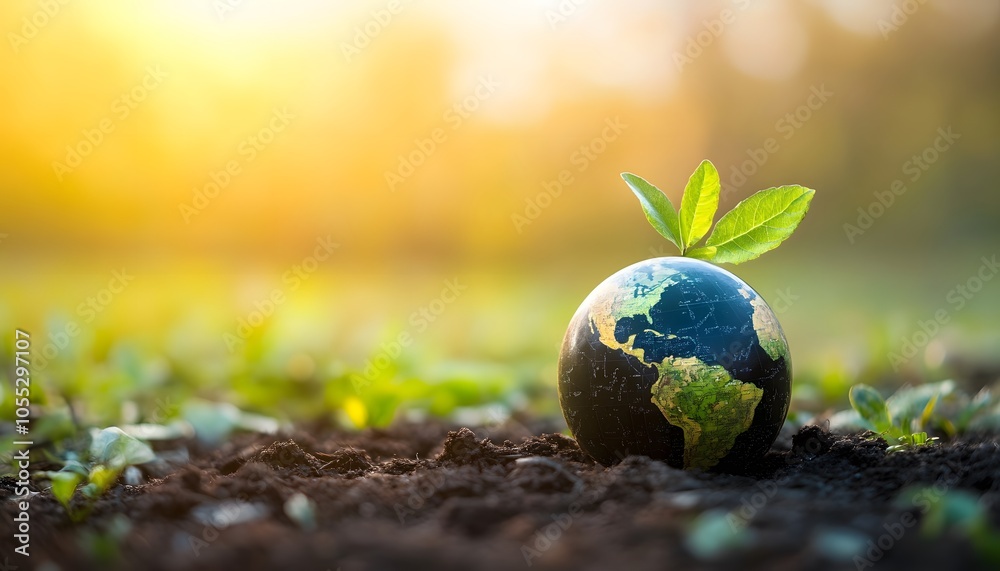 A Miniature Earth Globe with a Sprout Emerging from the Soil A Miniature Earth Globe with a Sprout Emerging from the Soil