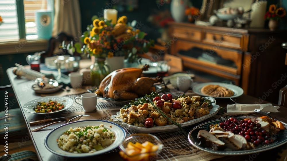 A beautifully arranged Thanksgiving dinner with roasted turkey, stuffing, cranberries, and various side dishes, set on a warmly decorated dining table. A beautifully arranged Thanksgiving dinner with roasted turkey, stuffing, cranberries, and various side dishes, set on a warmly decorated dining table.