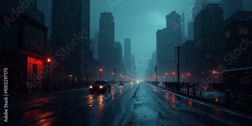 Background Of Dark Rainy City Street At Night With Shadowy Skyscrapers And Car Headlights