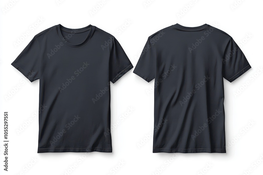 Front and back view of black T-shirt isolated on white background for branding or mockup Front and back view of black T-shirt isolated on white background for branding or mockup