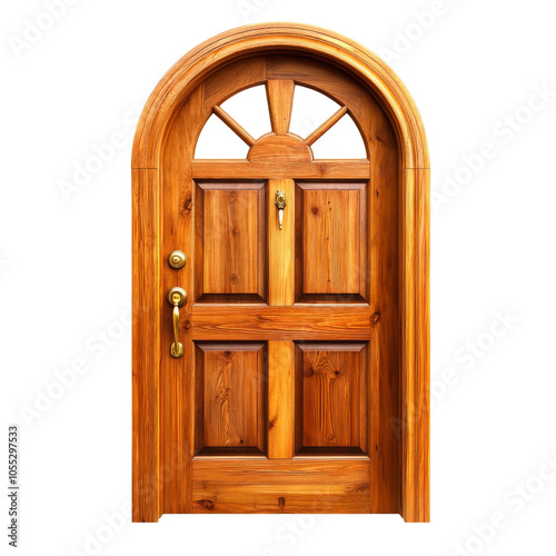 Wooden door with an arched top, on transparent background. photo