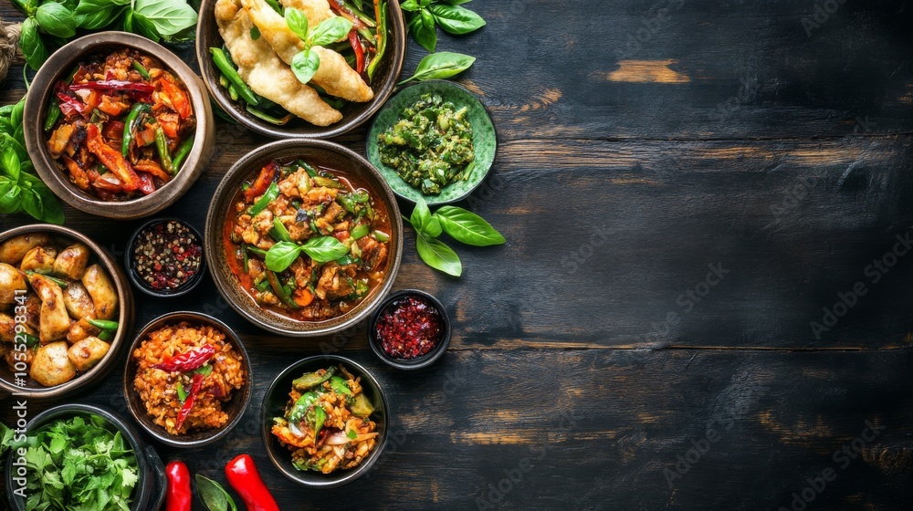 Fresh Dishes with Basil and Chili on a Wooden Table Fresh Dishes with Basil and Chili on a Wooden Table
