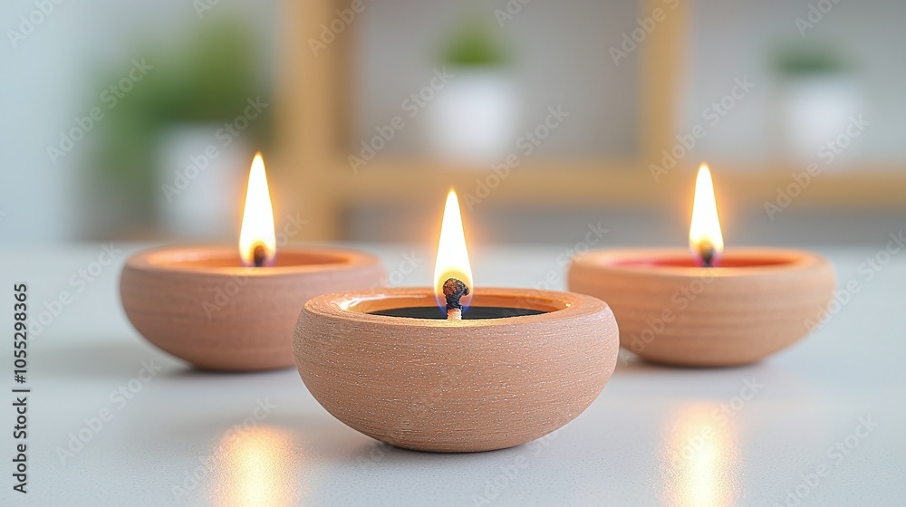 Three clay candles are lit, casting a warm glow on a serene tabletop adorned with plants, creating a cozy and inviting atmosphere. Three clay candles are lit, casting a warm glow on a serene tabletop adorned with plants, creating a cozy and inviting atmosphere.